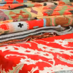 Pile of used Oriental rugs folded on a table
