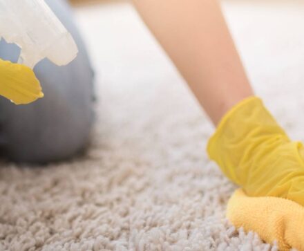 Person holding spray bottle and yellow cloth to spot clean a wool rug
