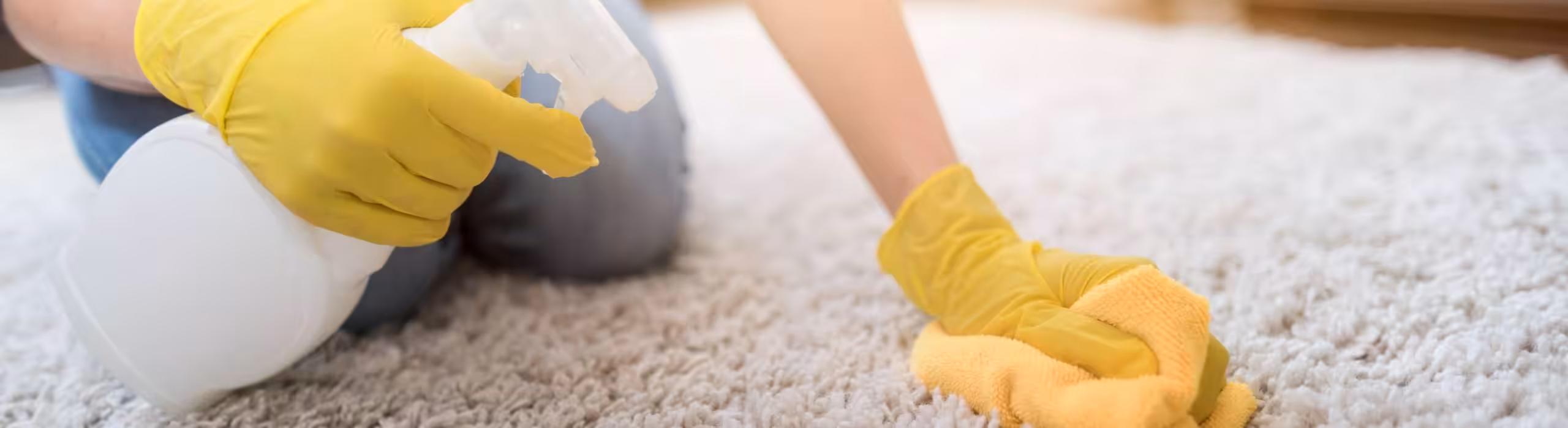 Person holding spray bottle and yellow cloth to spot clean a wool rug