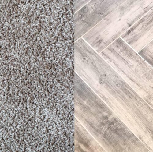 Side-by-side image of gray carpet vs gray hardwood