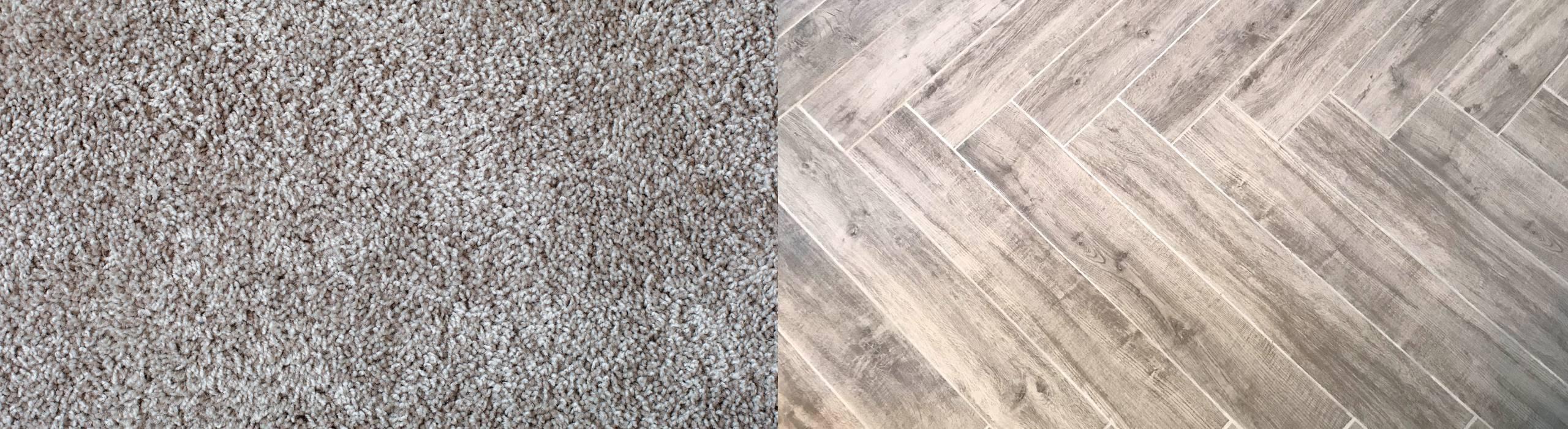 Side-by-side image of gray carpet vs gray hardwood