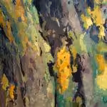 ruggallery-pantone-color-year-2 Closeup of modern rug design featuring Pantone Color of the Year 2022, Very Peri, with shades of yellow, green, and purple