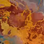 ruggallery-pantone-color-year-4 Closeup of swirl rug design featuring Pantone Color of the Year 2022, Very Peri, with shades of orange, red, pink and purple