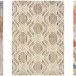 3 multicolored warm-tone Tibetan rugs spread out in a row