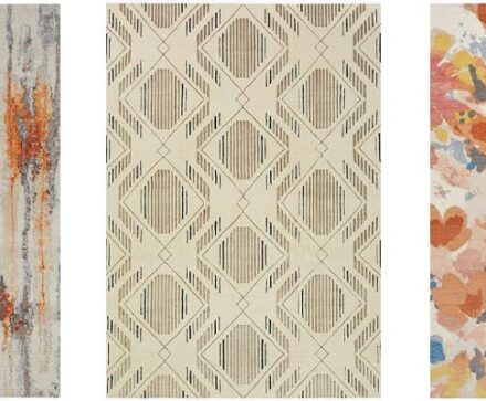 3 multicolored warm-tone Tibetan rugs spread out in a row
