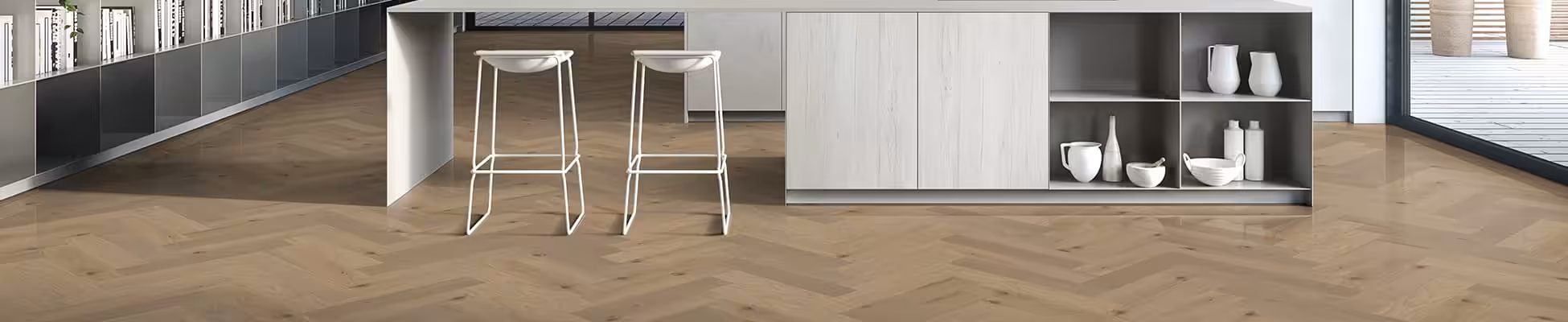 A picture of a kitchen with a hardwood floor