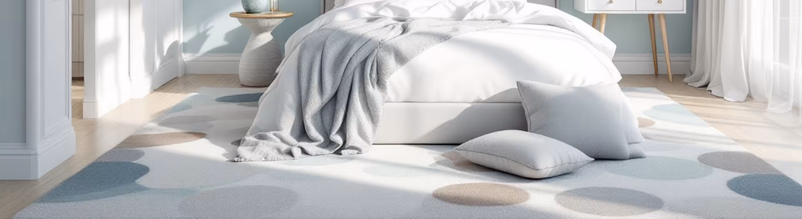 A bedroom that has two pillows on the rug