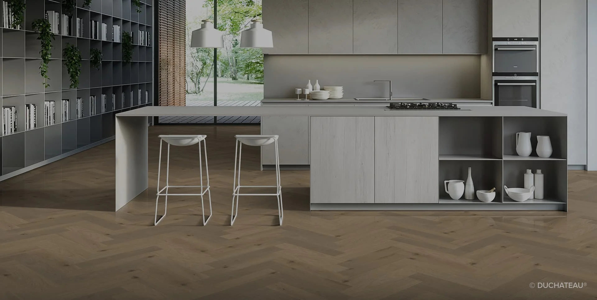 A modern kitchen with hardwood floors